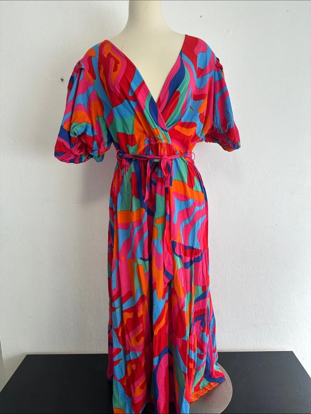 Colorful Pink Abstract  Maxi Dress with Self-Tie Waist